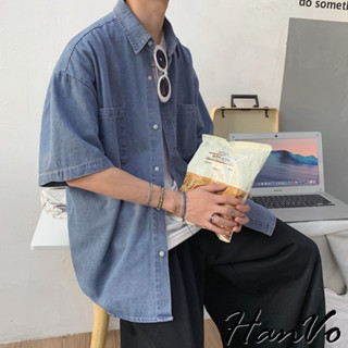 【HanVo】男款休閒寬鬆牛仔短袖襯衫 舒適透氣潮流復古工裝上衣 韓版夏季T恤 男生衣著 B01-1016