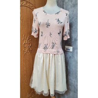 cantwo 日系品牌 粉色彈性針織綴花束圖案拼接紗裙洋裝