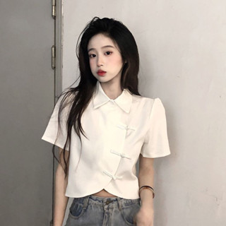 預購*中華風復古盤扣設計感短款襯衫 春夏 中式 學院風 中華娘 古風 旗袍 設計感 甜美 少女 文藝 上衣