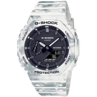 【CASIO】G-SHOCK 冰霜雪花八角錶殼耐衝擊運動雙顯腕錶/白x黑面 GAE-2100GC-7A