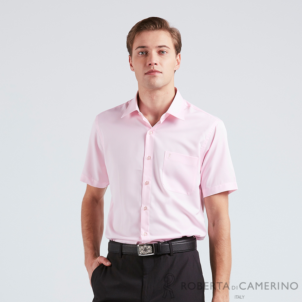 ROBERTA諾貝達 台灣製 合身版 吸濕速乾 商務條紋短袖襯衫 粉色