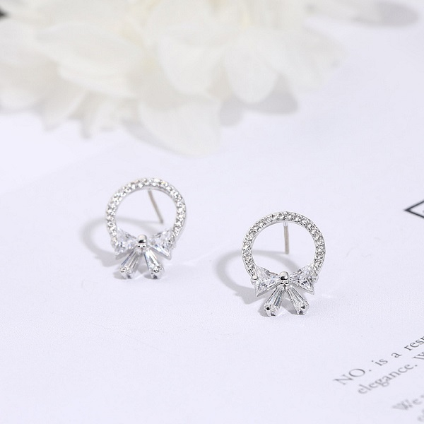 【NiNi Me】韓系耳環 氣質甜美圓形蝴蝶結水鑽鋯石925銀針耳環 耳環 N0237