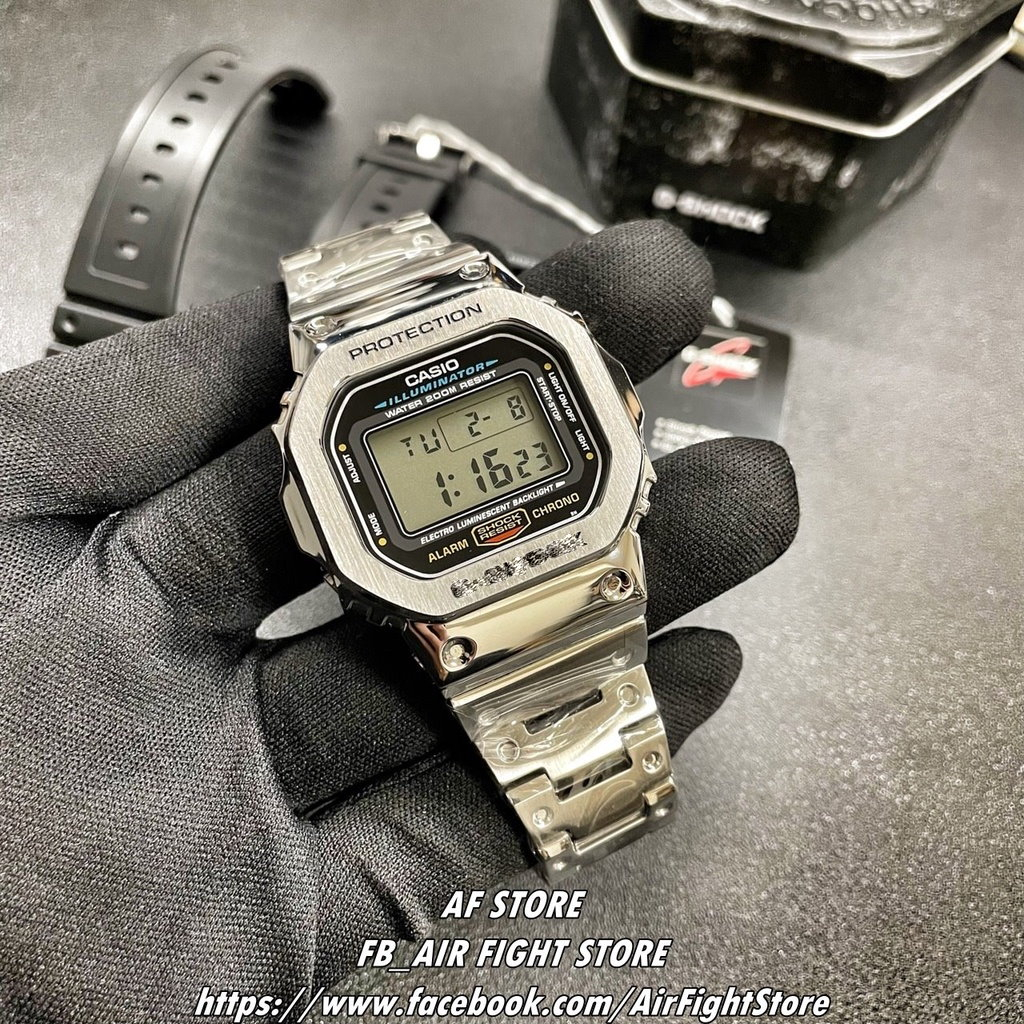 AF Store* G-SHOCK DW-5600E 銀殼黑字 改裝全不鏽鋼樣式 手錶台灣公司貨 DW-5600E-1