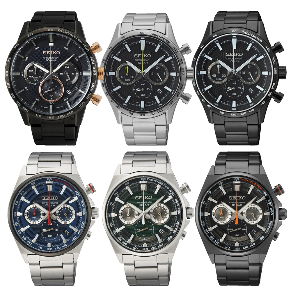 SEIKO精工 CS獨賣賽車三眼黑鋼帶計時手錶 六款可選 (8T63) SK014