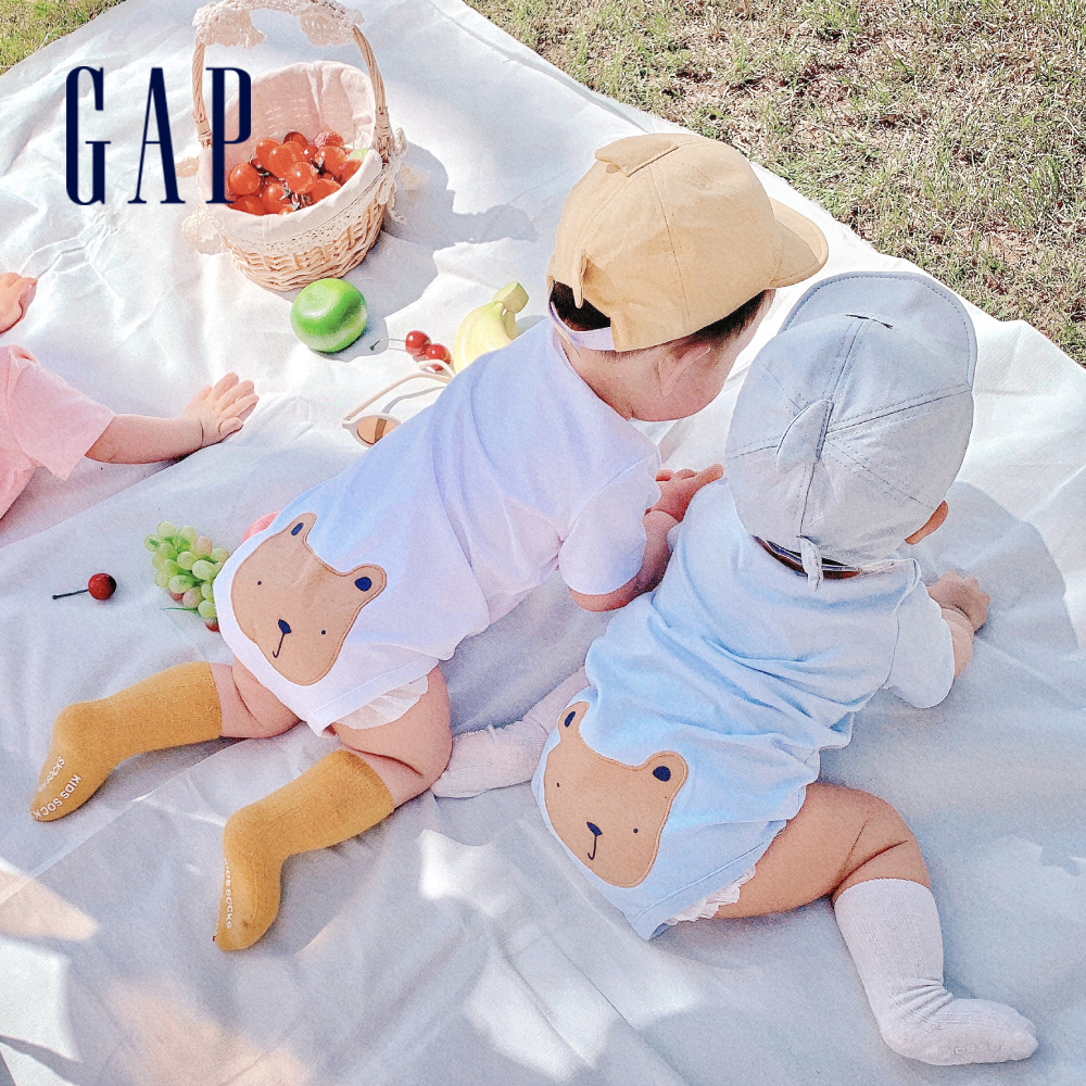 Gap 嬰兒裝 刺繡短袖包屁衣 跟屁熊系列-多色可選(736682)