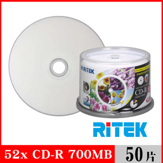 RITEK錸德 52x CD-R 700MB 頂級鏡面相片防水可列印式/50片布丁桶裝