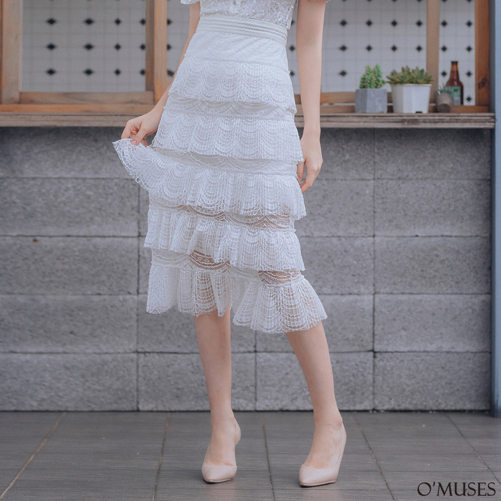 【OMUSES】重工百褶蕾絲白色層次蛋糕裙13-7058