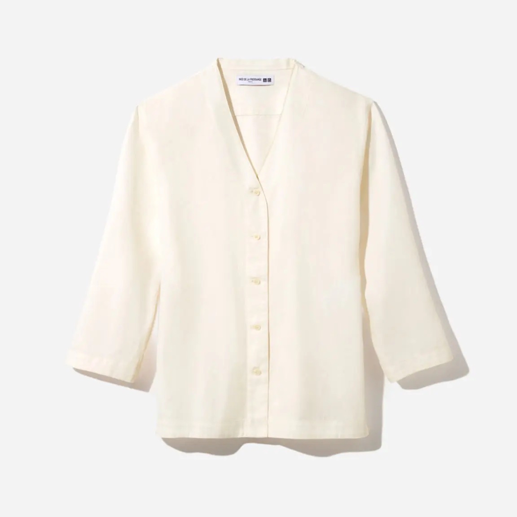 [二手] Uniqlo INES DE LA FRESSANGE 棉質斜紋V領襯衫(七分袖) 白S