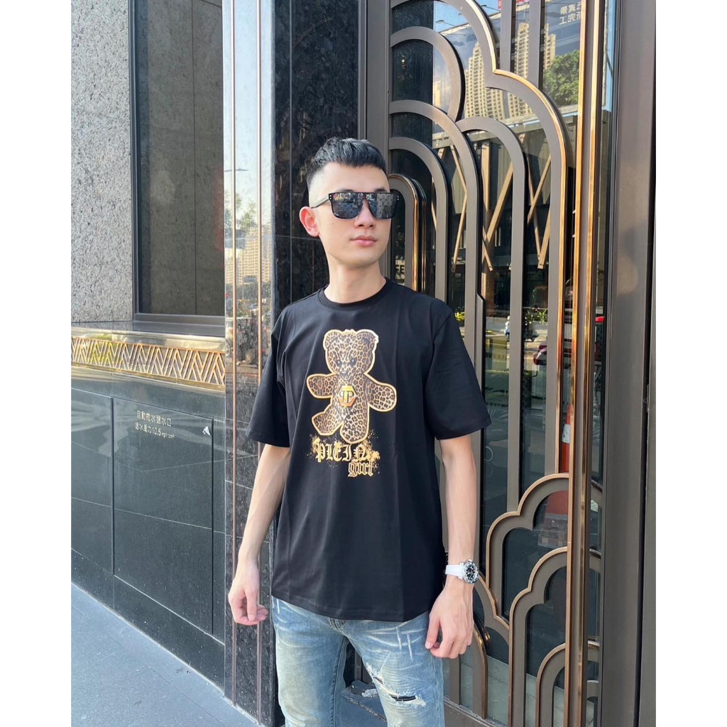 Philipp Plein金蔥豹紋熊T-shirt 青年款 黑/白『二樓國際精品』