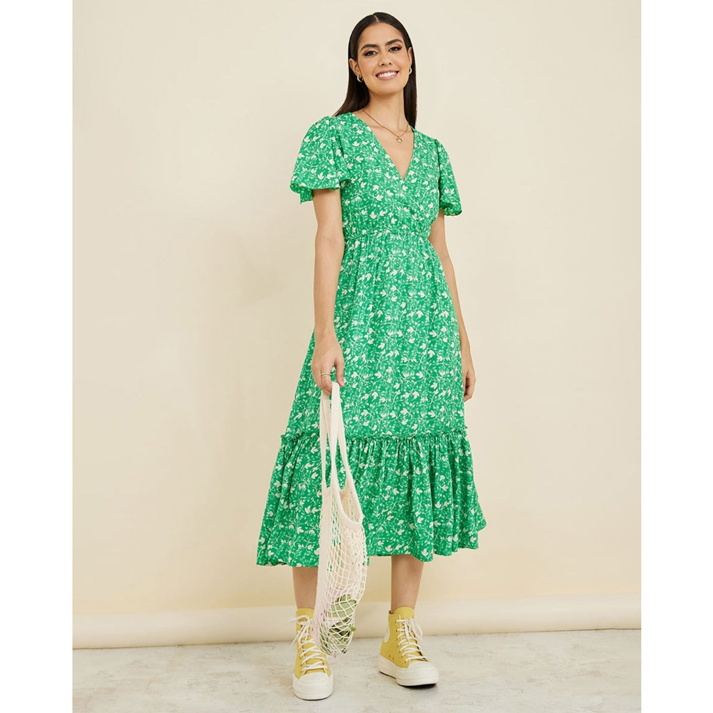 蓋亞 印度花卉印花V領綠色短袖洋裝