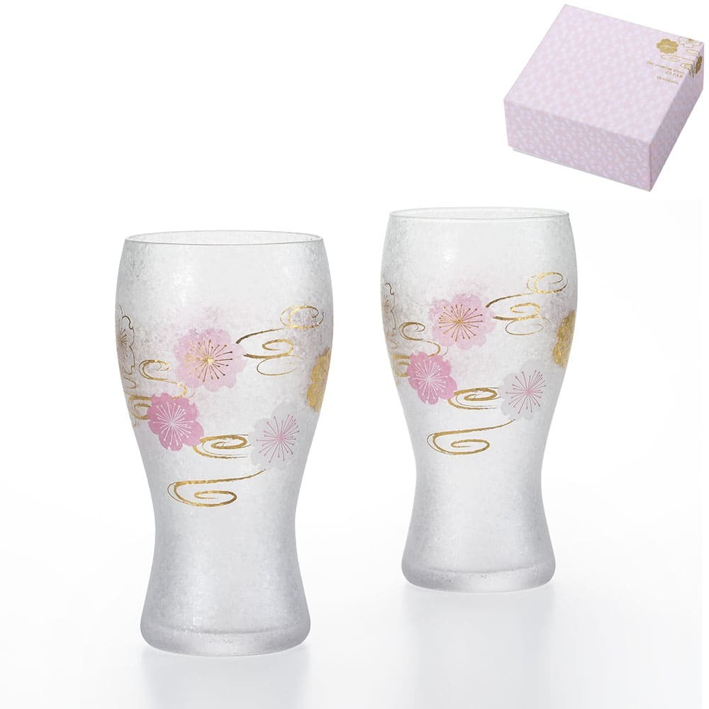 ADERIA 櫻花水紋對杯禮盒組-380ml 啤酒杯 玻璃杯 霧面玻璃杯