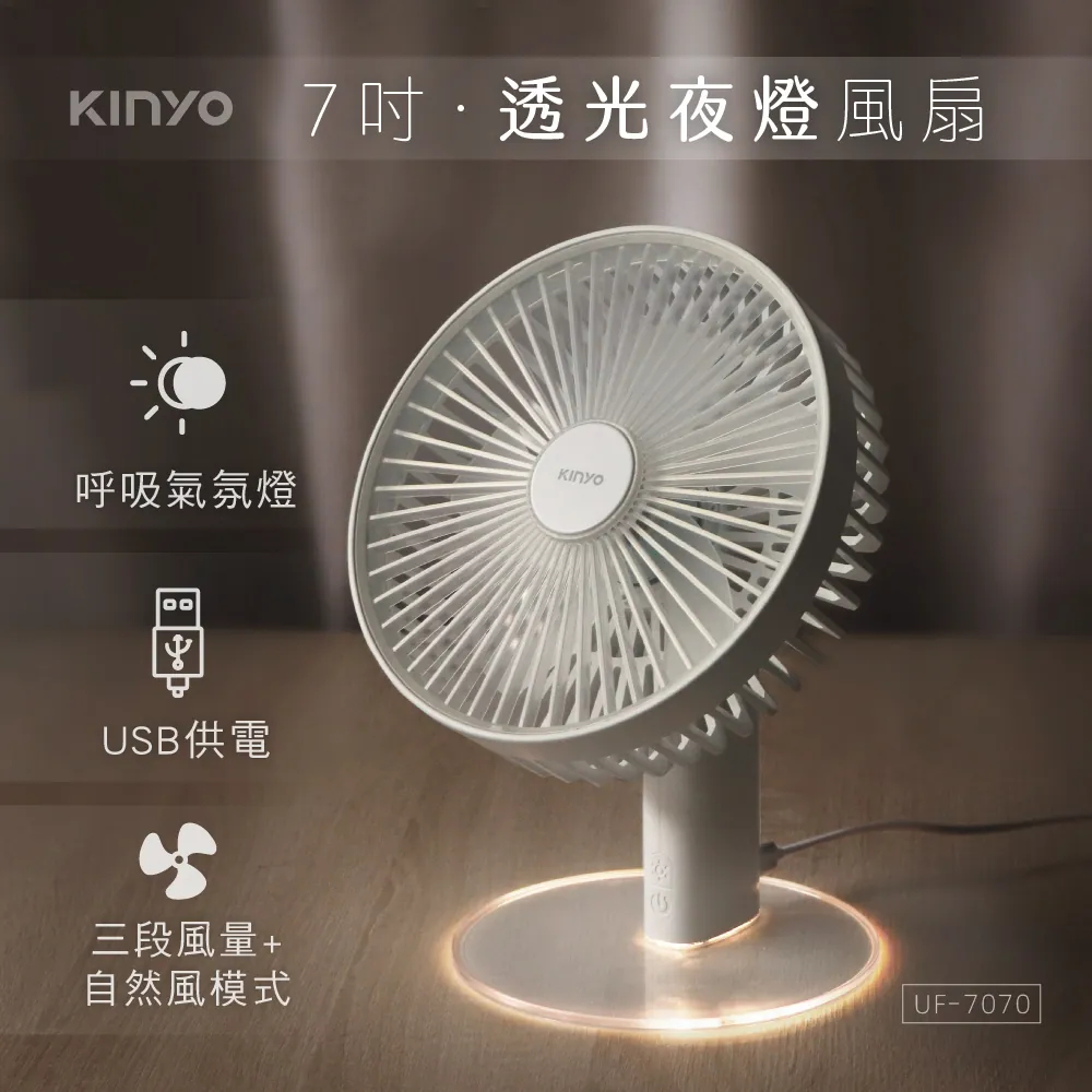 【KINYO】透光夜燈USB風扇 UF-7070 原廠公司貨 原廠保固 可拆洗 夜燈 電扇 落地風扇 家用 五扇葉