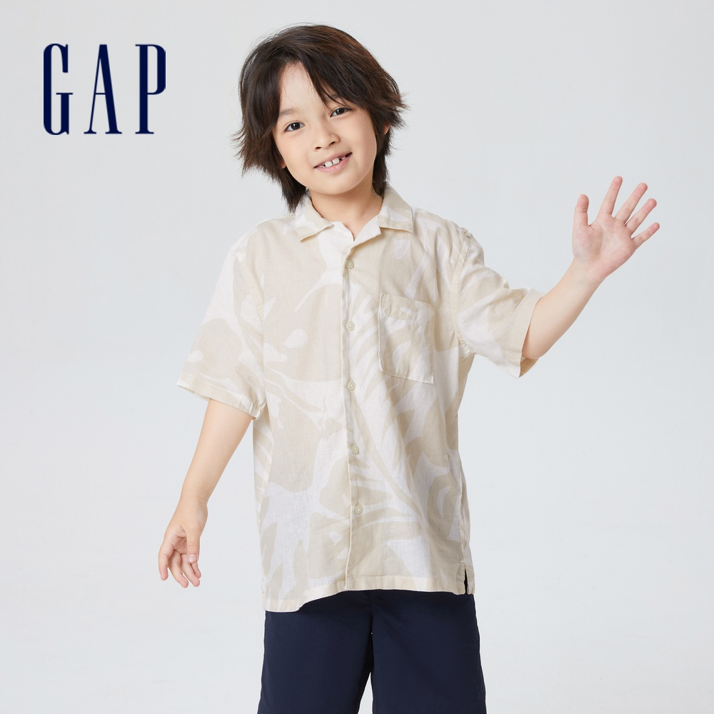 Gap 男童裝 印花/條紋翻領短袖襯衫-葉子圖案(594450)