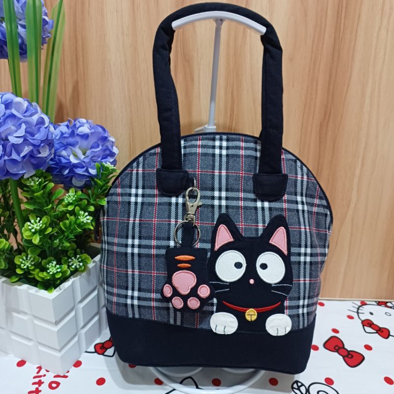 🌺現貨🌺全新 正品 Kiro貓 拼布包 小黑貓 手提包 半圓包 附小貓掌吊飾 英倫風 格子包 布包