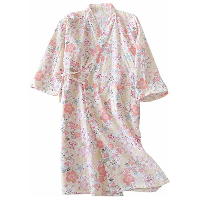 (二手僅穿2次)日式100%純棉浴衣女和服睡袍夏季薄款寬鬆抽繩汗蒸服浴袍紗布棉浴袍一件式女袍桑拿衣