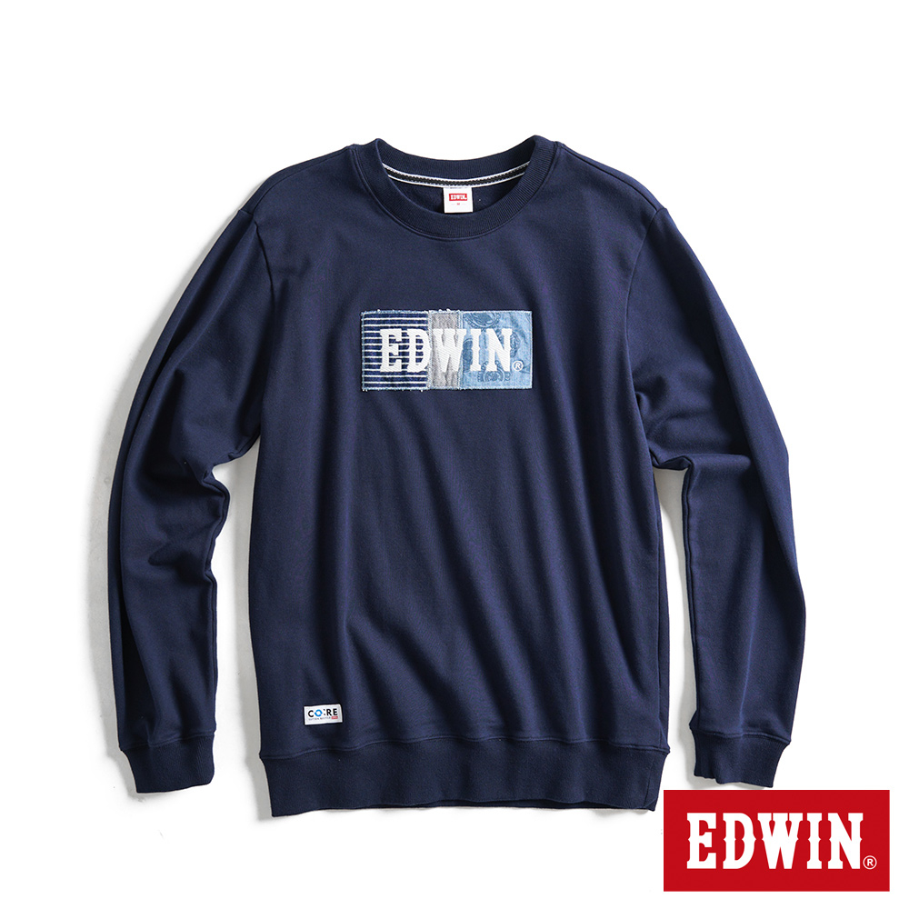 EDWIN 再生系列 CORE 環保丹寧拼貼BOX LOGO厚長袖T恤(丈青色)-男款