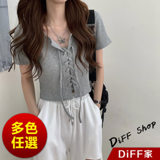 【DIFF】韓版小心機綁帶短版上衣 短袖上衣 短袖t恤 女裝 顯瘦上衣 衣服 寬鬆上衣 素T 短板上衣【T552】
