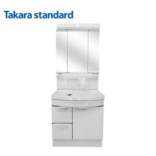 【Takara-standard】日本進口75CM琺瑯雙抽屜單門浴櫃組+台製三面收納鏡附照明、除霧(ABS)防潮、不發霉