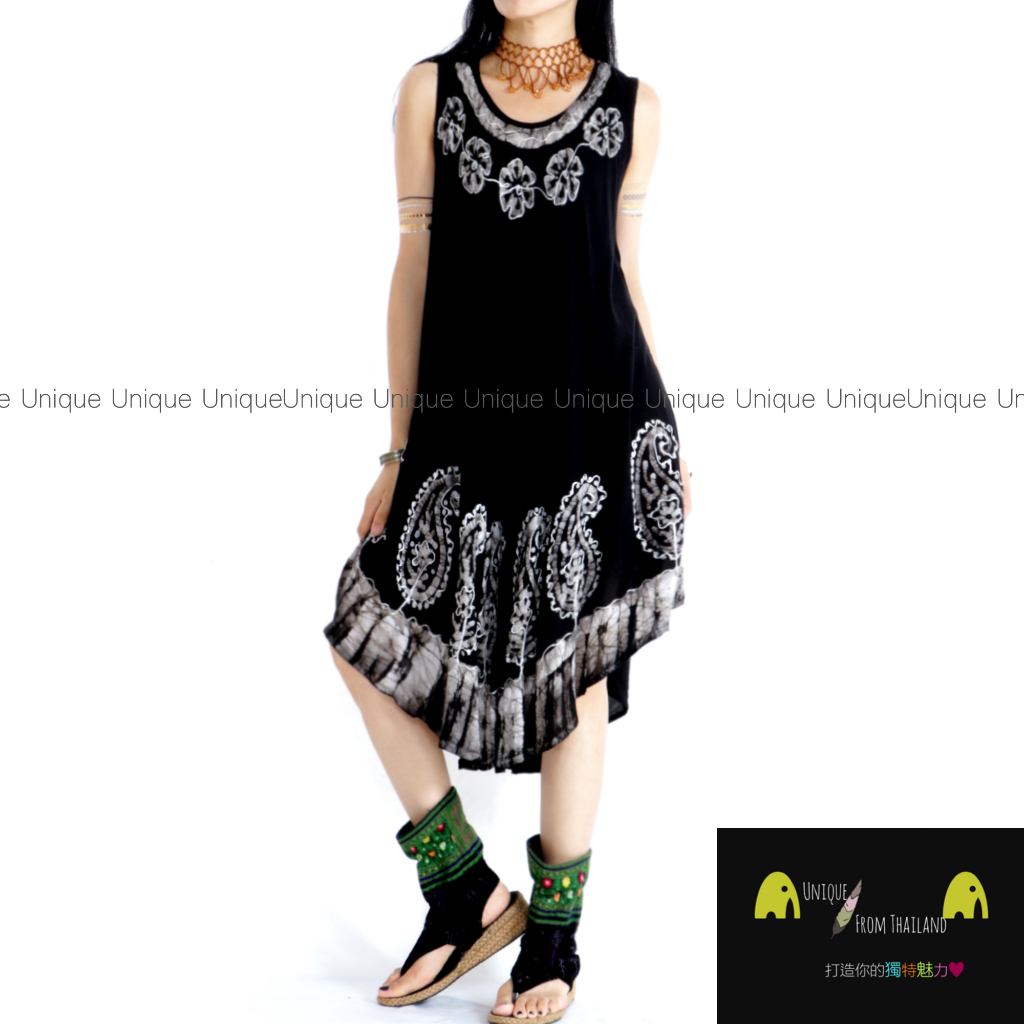 Unic＠印度🇮🇳進口楊柳布洋裝『🌿黑底灰邊TD304印度手工純棉＊超涼感❄️無袖洋裝』 背心洋裝 異國風波希米亞