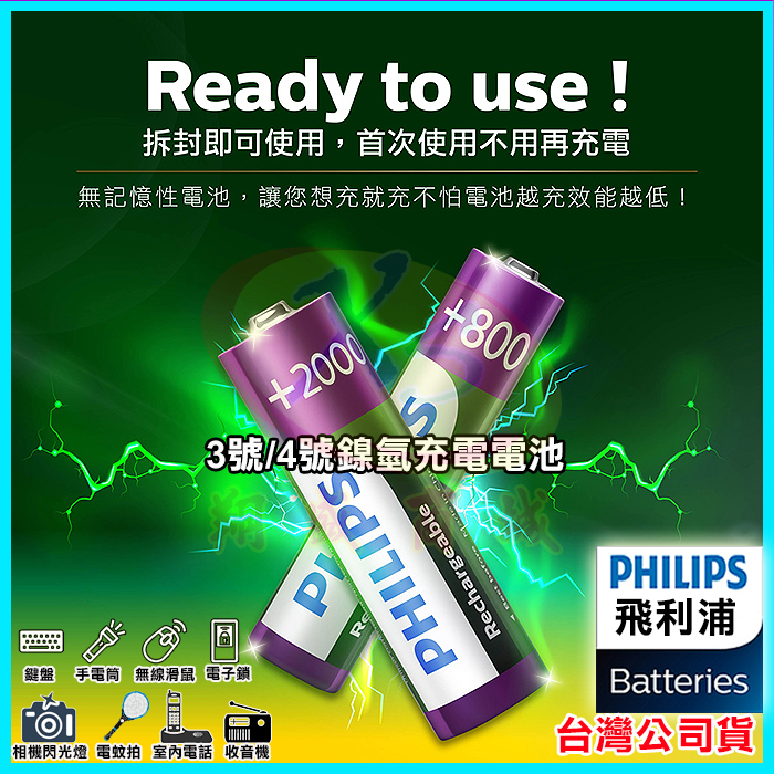 PHILIPS 飛利浦 3號/4號鎳氫低自放環保充電電池 適用玩具/火災偵測器/時鐘收音機/電視冷氣遙控器/鍵盤/手電筒