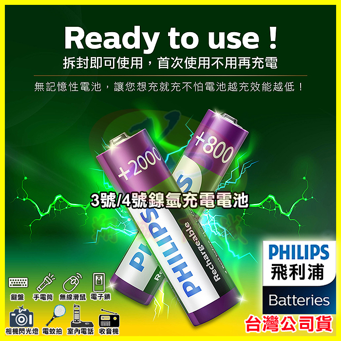 PHILIPS 飛利浦 3號/4號鎳氫低自放環保充電電池 適用手電筒/玩具/火災偵測器/時鐘收音機/電視冷氣遙控器/鍵盤