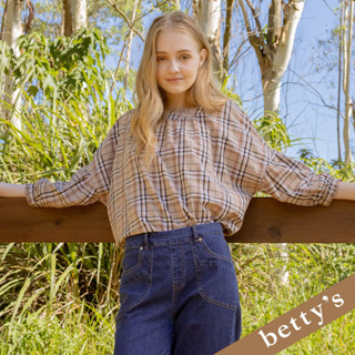 betty’s貝蒂思(25)荷葉領格子下擺綁帶長袖上衣(共二色)