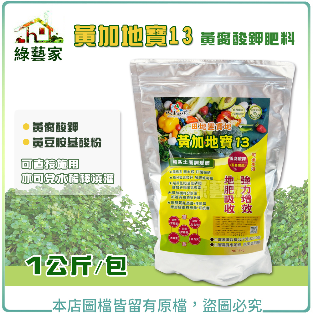 黃加地寶13黃腐酸鉀肥料 (1公斤裝)4-0-13.5黃腐酸鉀、黃豆胺基酸粉，可直接施用【綠藝家】