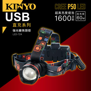 【原廠公司貨】KINYO 耐嘉 LED-724 外接式充電 P50 LED強光變焦頭燈 LED頭燈