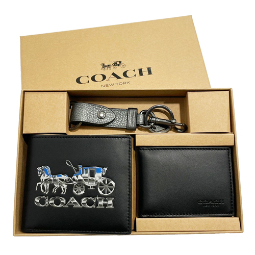 【COACH】大馬車LOGO男款8卡短夾附鑰匙圈活動證件夾禮盒(黑)