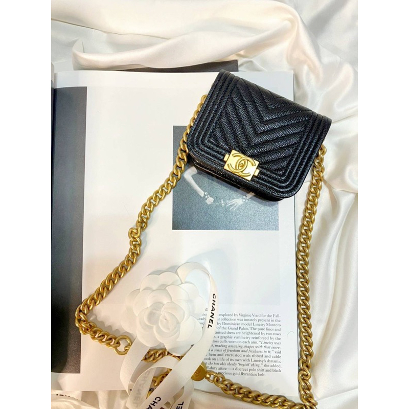 台灣現貨💛61000 香奈兒 Chanel leboy 黑金小腰包 鏈條雙層卡包 鍊條包