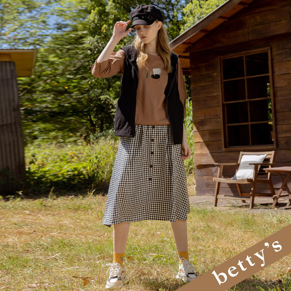 betty’s貝蒂思(25)腰鬆緊格子壓褶排釦長裙(黑色)