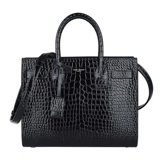 YSL SAINT LAURENT SAC DE JOUR 燙銀LOGO亮面鱷魚紋牛皮開口式手風琴手提斜揹包(展示品/黑