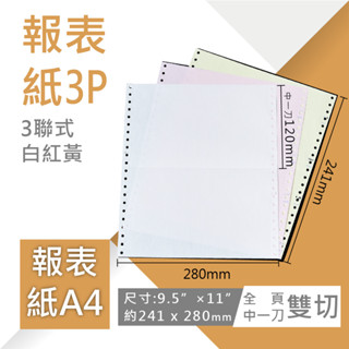 【電腦連續報表紙】A4-9.5”×11”×3P‧白紅黃‧雙切‧全頁‧中一刀‧80行