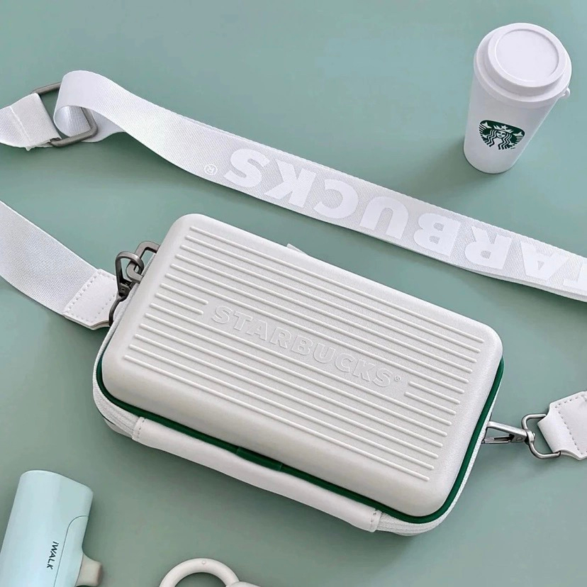 Starbucks官方正品！星巴克2023新款白綠色經典時尚迷你便攜旅行收納小行李箱可斜挎
