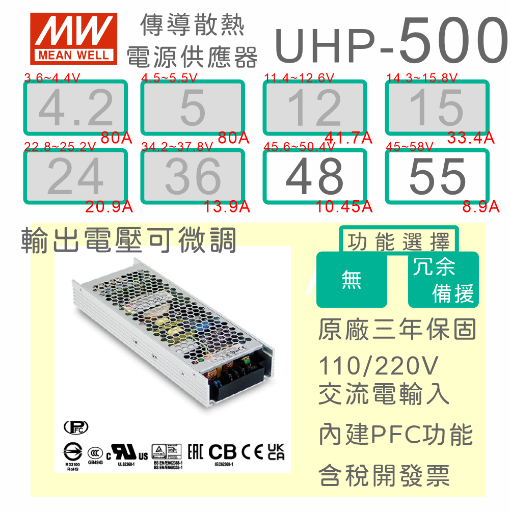 【保固附發票】MW 明緯 PFC 500W 電源 UHP-500-48 48V 55 55V 變壓器 馬達 螢幕 顯示屏