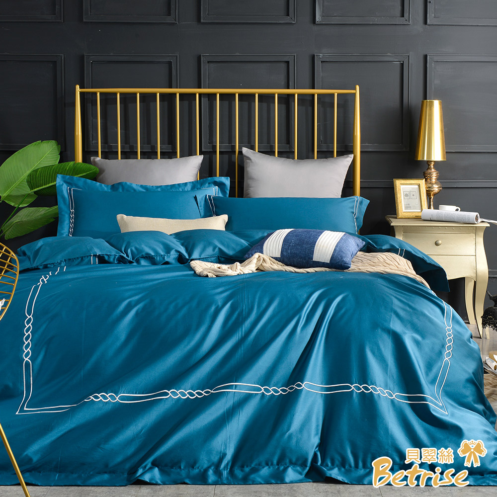【Betrise月青藍】輕奢系列 雙人/加大/特大 頂級300織100%精梳長絨棉素色刺繡四件式被套床包組