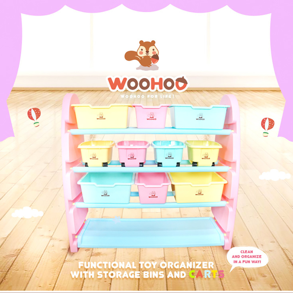 WOOHOO 兒童玩具收納櫃 具遊戲功能 含大小收納盒 - 四層寬(粉/藍側板兩色)