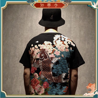 【如夢令】國潮花卉錦鯉魚刺繡T恤男中國風潮牌個性男士半袖寬松日式浮世繪上衣夏