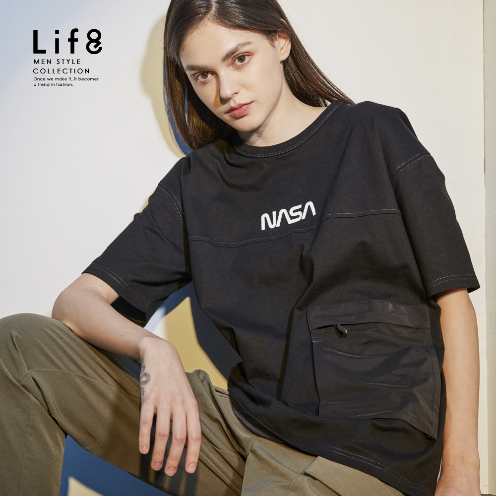 Life8-太空系列 異材質口袋 印花短袖上衣-10754