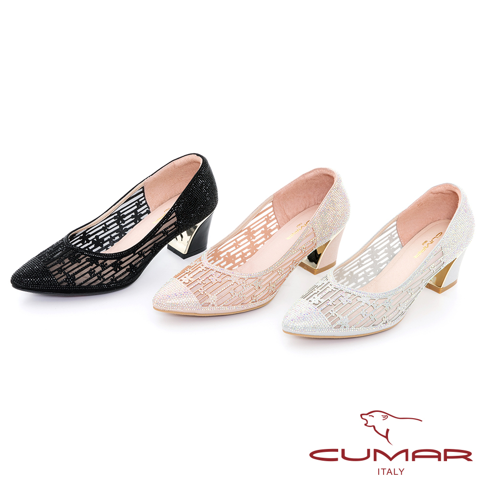 【CUMAR】鏤空鑽飾粗跟鞋