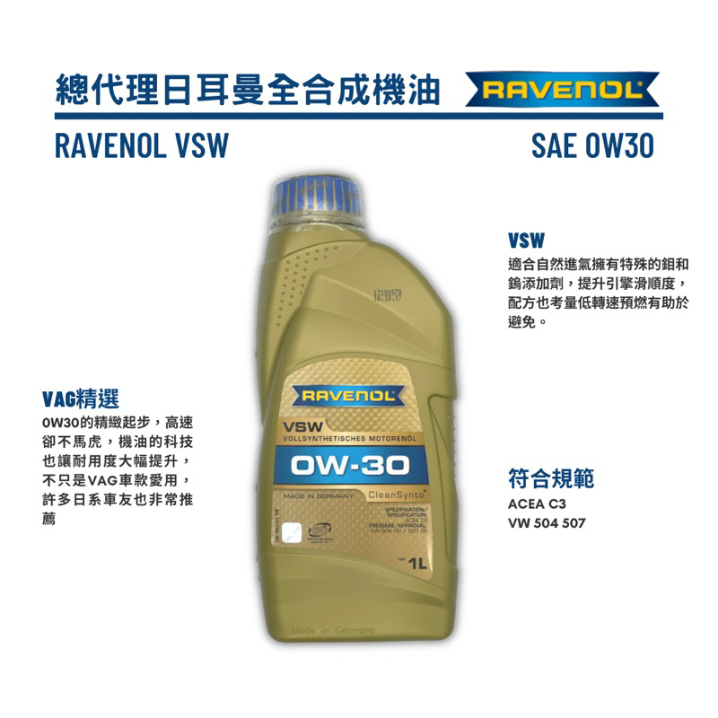 【德國原裝】 (請私訊報價) 日耳曼VSW 總代理公司貨 Ravenol 0w30 504 507 漢諾威 全合成機油
