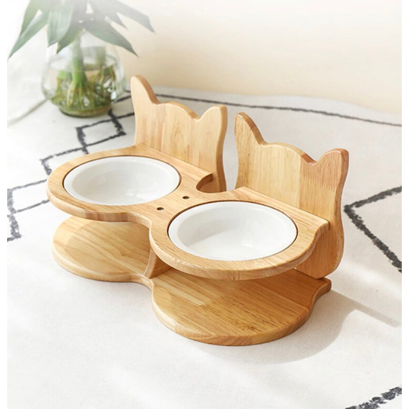 喵仙兒-雙胞胎貓耳碗架組(附瓷碗) 可愛貓造型 寵物碗架 狗碗 貓碗 寵物用品 食器 陶瓷碗 木頭碗架 雙口碗
