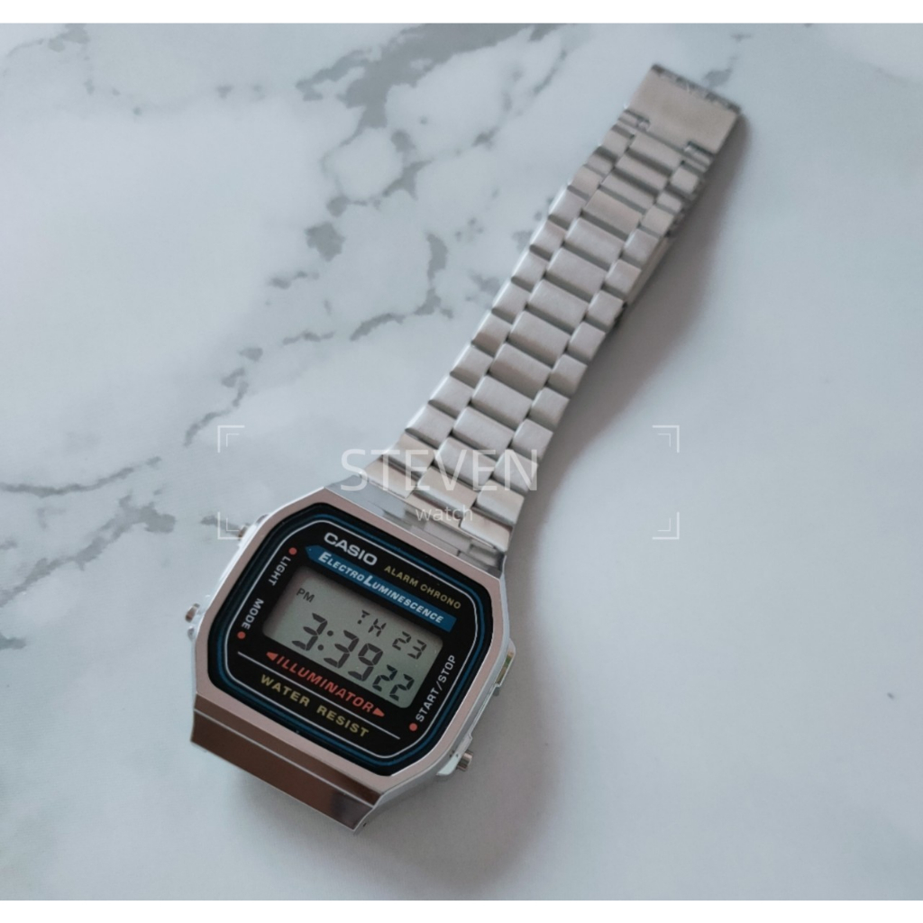 CASIO卡西歐公司貨 多時區鬧鈴電子鋼帶錶 復古方形 金屬錶帶 生活防水 中性冷光錶 學生錶(A168WA-1W)