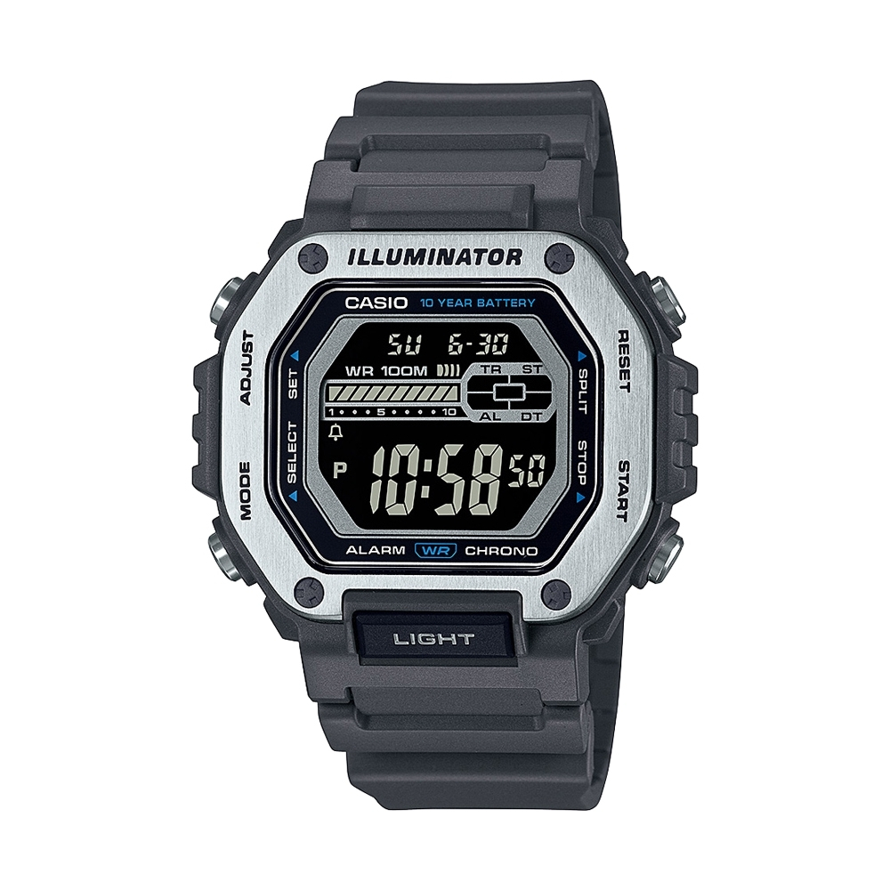 CASIO 10年電力系列稜角分明金屬錶圈設計休閒錶-灰(MWD-110H-8B)/50.8mm