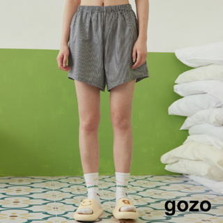 【gozo】◢g+微笑拼接格紋短褲(黑色/黃色/紫色_F) | 純棉 修身 休閒