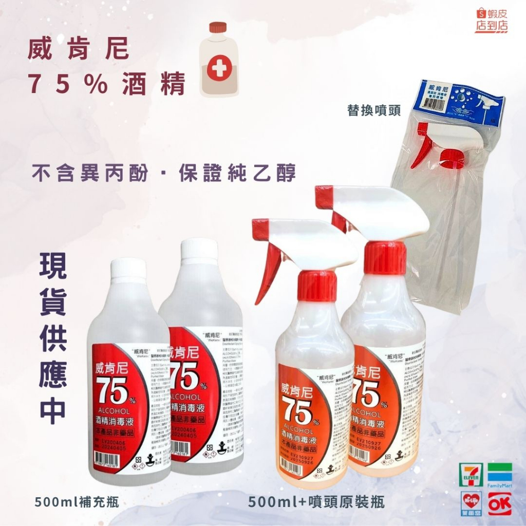 威肯尼75%酒精 500ml 現貨供應中 補充瓶 噴瓶 噴頭 消毒清潔