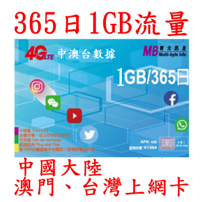 365日1GB流量中國大陸、澳門、台灣上網卡大中華(不含香港) GPS追蹤器 車聯網 車隊