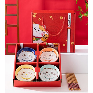 百貨【臺灣現貨】日系陶瓷碗 創意招財貓 餐具 居家 招財貓/櫻花陶瓷碗 禮盒組 招財貓/櫻花系列碗 四入碗