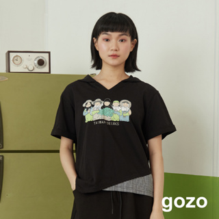 【gozo】鄉土台茶之母拼接格紋連帽T恤(黑色/深綠_F) | 女裝 圓領 休閒
