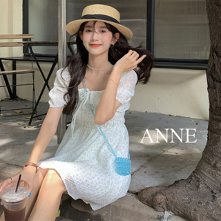 ANNE｜藍碎花一字領泡泡袖洋裝【AD20256】藍碎花洋裝 一字領 短裙 夏天洋裝 碎花洋裝 平口洋裝 泡泡袖 連身裙